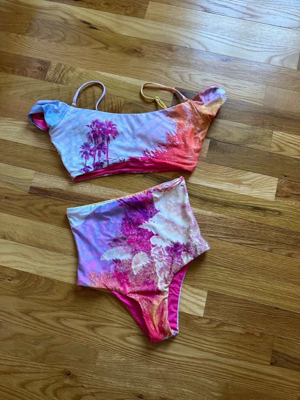 NEW l*space Pink Orange Tropical Print High-Waist Bikini with Removable Straps